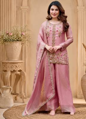Pink fendy satin beads embroidery work kurta set 1