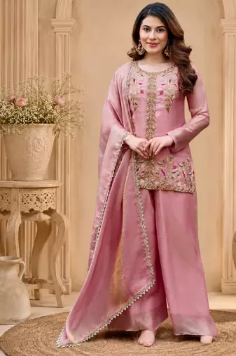 Pink fendy satin beads embroidery work kurta set