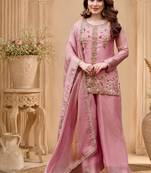 Pink fendy satin beads embroidery work kurta set