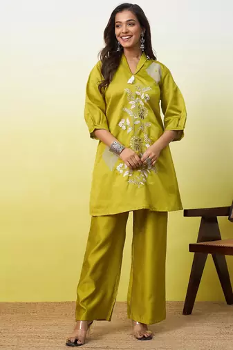 Lemon color beautiful embroidery work top bottom coord set for formal looks