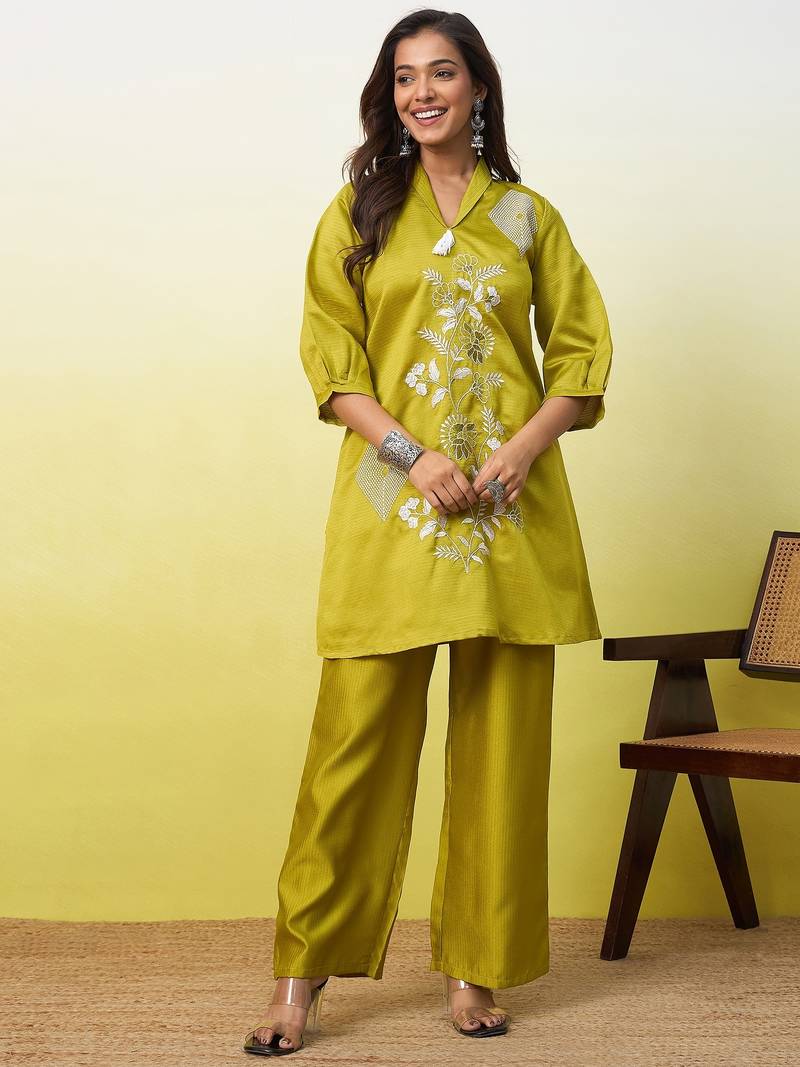 Lemon color beautiful embroidery work top bottom coord set for formal looks