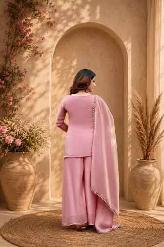 Pink fendy satin beads embroidery work kurta set