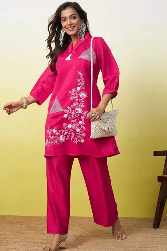 Pink beautiful embroidery work top bottom coord set 