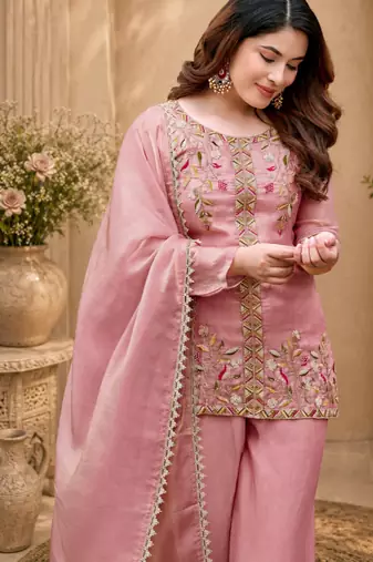 Pink fendy satin beads embroidery work kurta set