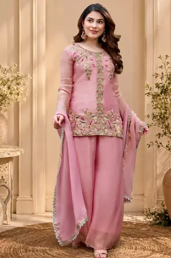 Pink fendy satin beads embroidery work kurta set