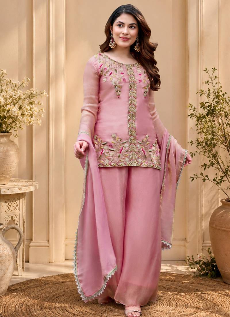 Pink fendy satin beads embroidery work kurta set