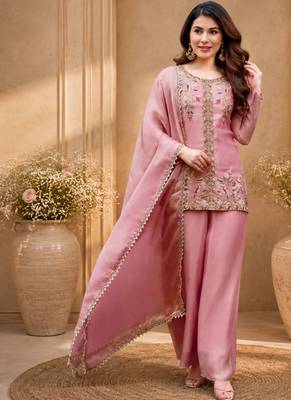Pink fendy satin beads embroidery work kurta set 5