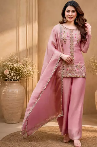 Pink fendy satin beads embroidery work kurta set