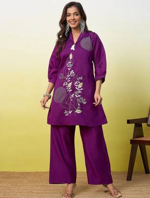 Purple beautiful embroidery work top bottom coord set  1