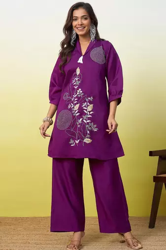 Purple beautiful embroidery work top bottom coord set 