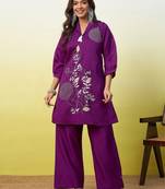Purple beautiful embroidery work top bottom coord set 