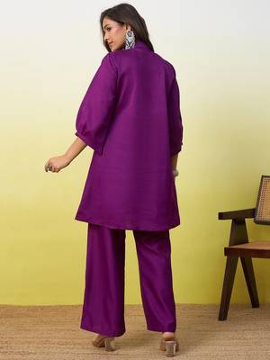 Purple beautiful embroidery work top bottom coord set  2