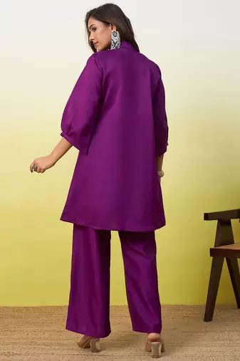 Purple beautiful embroidery work top bottom coord set 