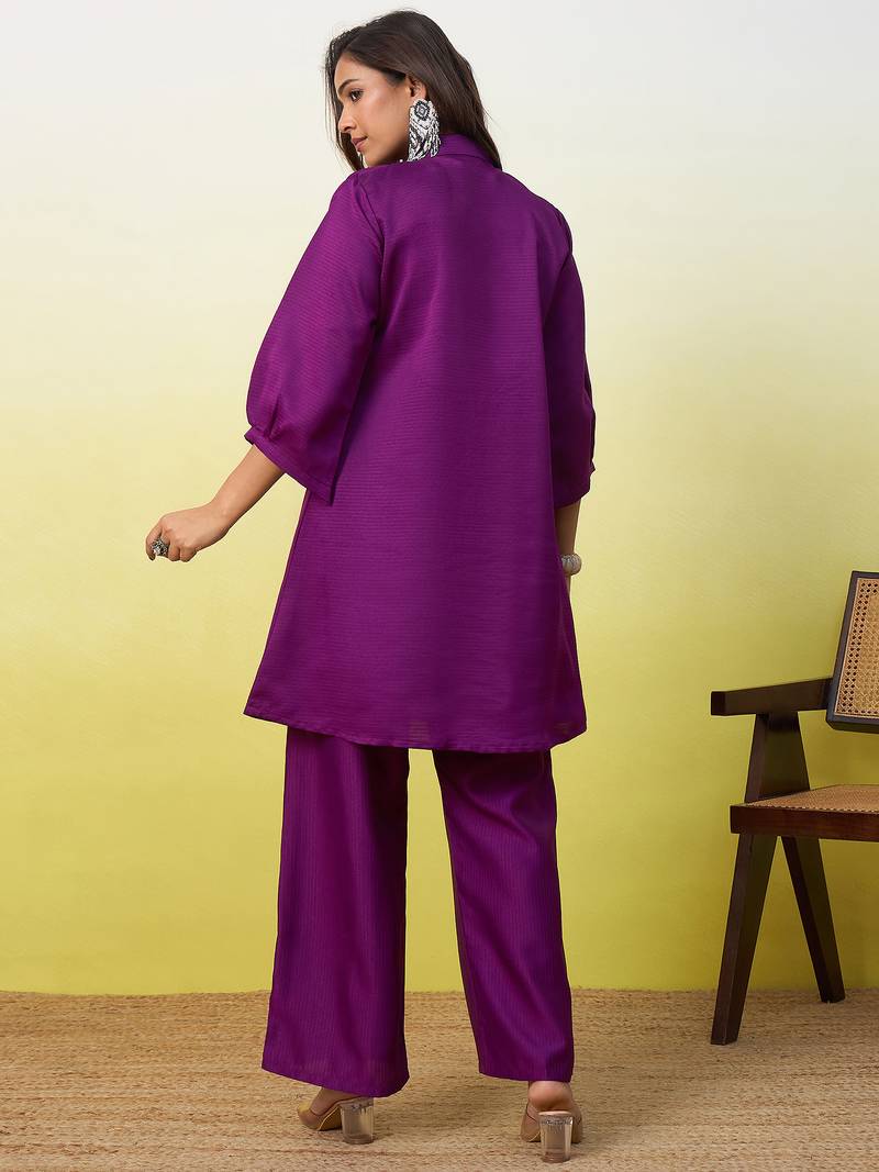 Purple beautiful embroidery work top bottom coord set 