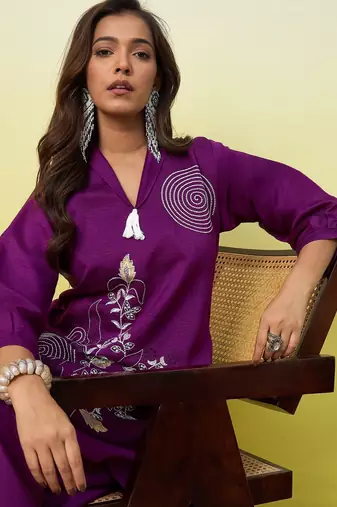 Purple beautiful embroidery work top bottom coord set 