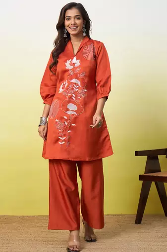 Rust color beautiful embroidery work top bottom coord set for formal looks
