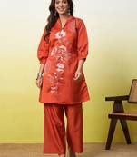 Rust color beautiful embroidery work top bottom coord set for formal looks