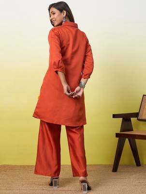 Rust color beautiful embroidery work top bottom coord set for formal looks 2