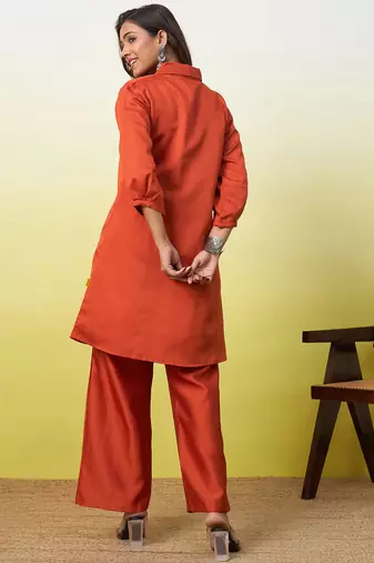 Rust color beautiful embroidery work top bottom coord set for formal looks