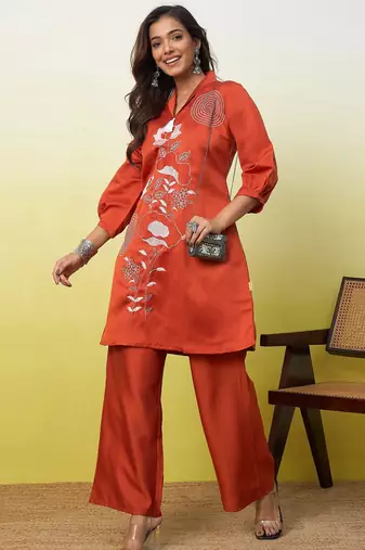 Rust color beautiful embroidery work top bottom coord set for formal looks