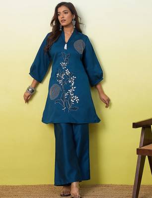 Teal beautiful embroidery work top bottom coord set  1