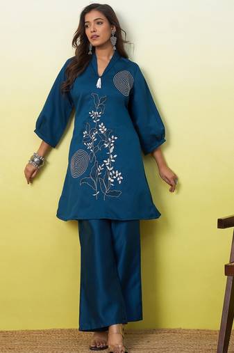 Teal beautiful embroidery work top bottom coord set 