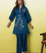 Teal beautiful embroidery work top bottom coord set 