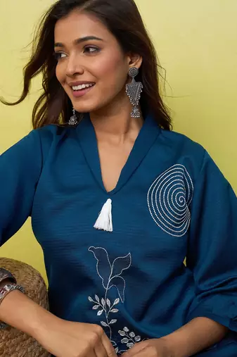 Teal beautiful embroidery work top bottom coord set 