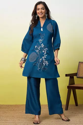 Teal beautiful embroidery work top bottom coord set 