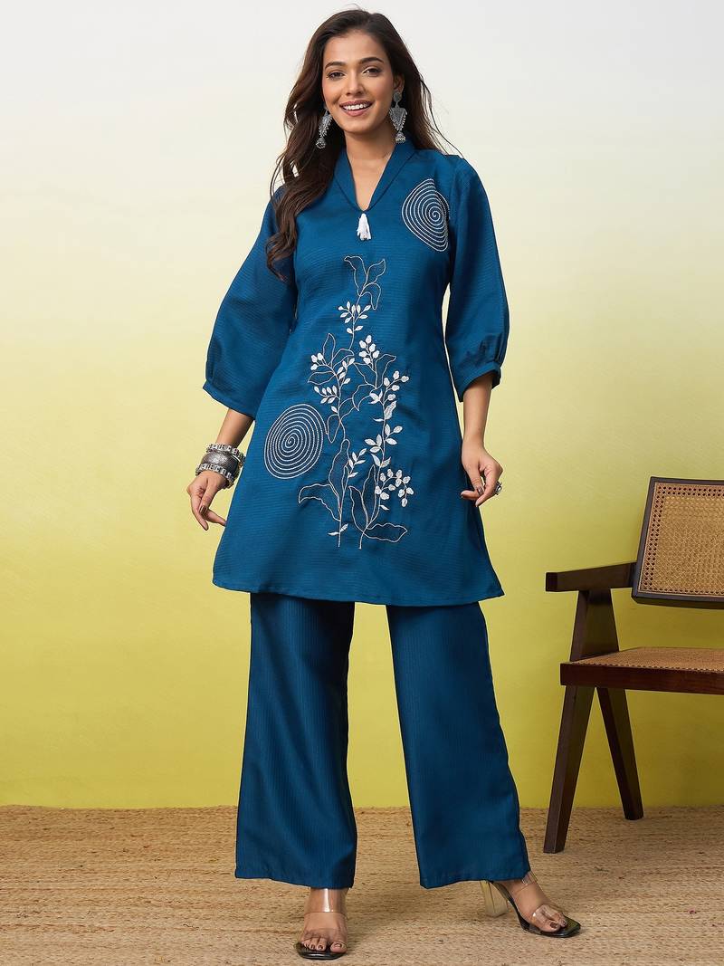 Teal beautiful embroidery work top bottom coord set 