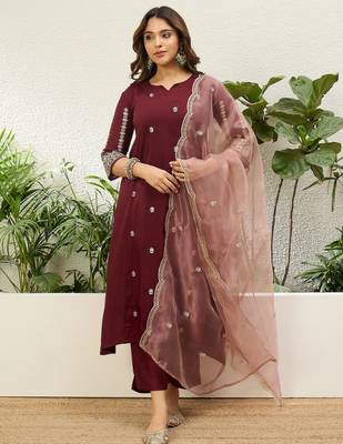 Maroon chinon embroidered ethnic readymade suit  1