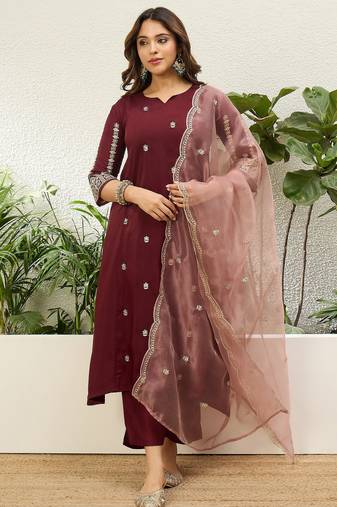 Maroon chinon embroidered ethnic readymade suit 