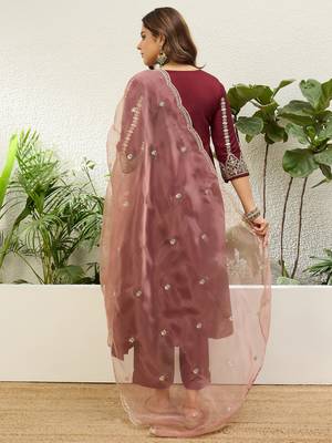 Maroon chinon embroidered ethnic readymade suit  2