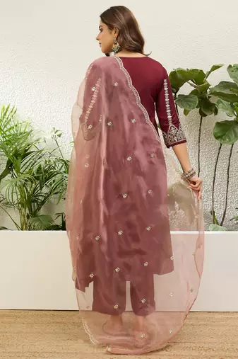 Maroon chinon embroidered ethnic readymade suit 