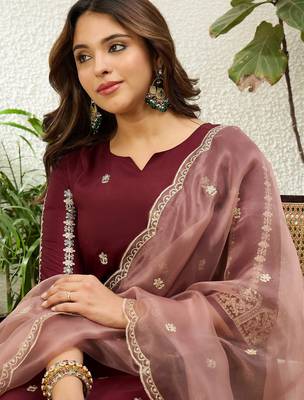 Maroon chinon embroidered ethnic readymade suit  3