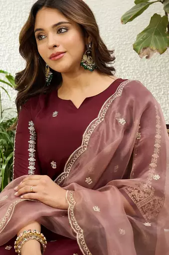 Maroon chinon embroidered ethnic readymade suit 