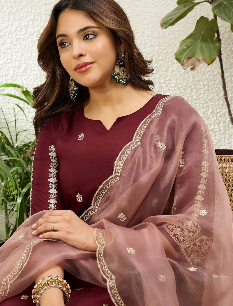 Maroon chinon embroidered ethnic readymade suit 