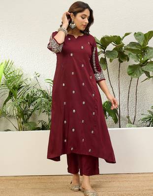 Maroon chinon embroidered ethnic readymade suit  4