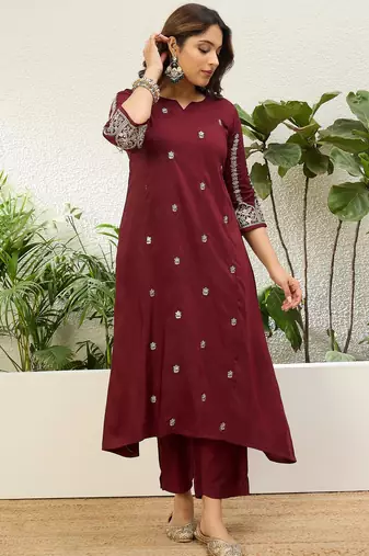 Maroon chinon embroidered ethnic readymade suit 