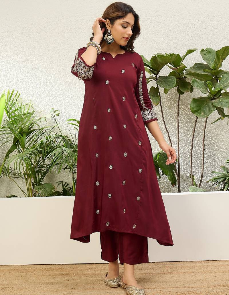 Maroon chinon embroidered ethnic readymade suit 