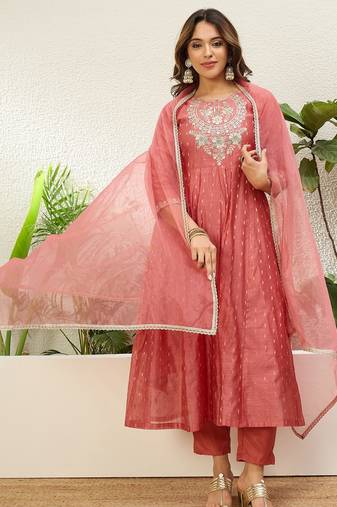Peach color jacquard silk fabric designer embroidered ethnic readymade suit for girls