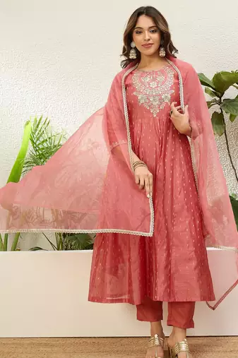 Peach color jacquard silk fabric designer embroidered ethnic readymade suit for girls