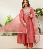 Peach color jacquard silk fabric designer embroidered ethnic readymade suit for girls
