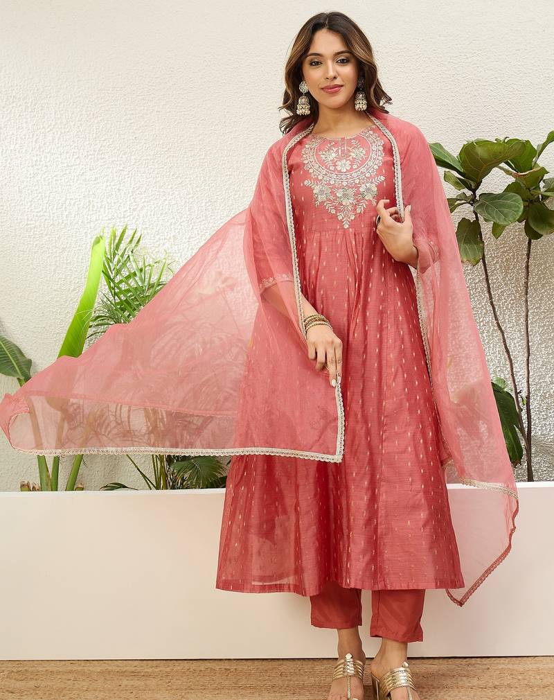Peach color jacquard silk fabric designer embroidered ethnic readymade suit for girls