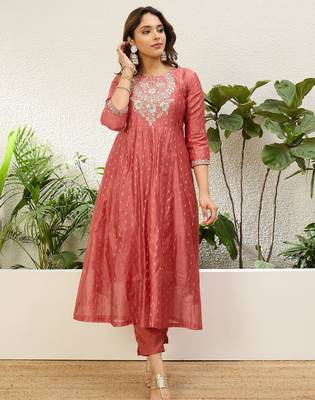 Peach color jacquard silk fabric designer embroidered ethnic readymade suit for girls 2