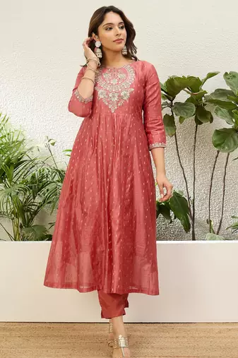 Peach color jacquard silk fabric designer embroidered ethnic readymade suit for girls