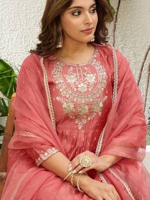 Peach color jacquard silk fabric designer embroidered ethnic readymade suit for girls 3