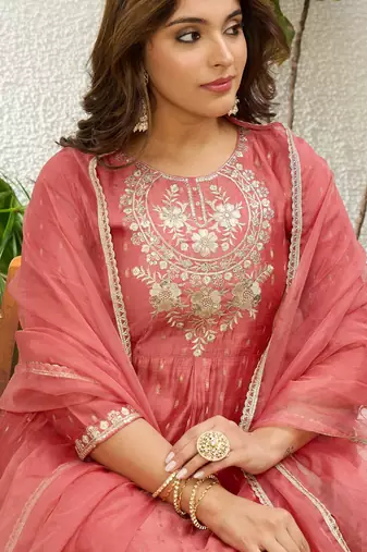 Peach color jacquard silk fabric designer embroidered ethnic readymade suit for girls