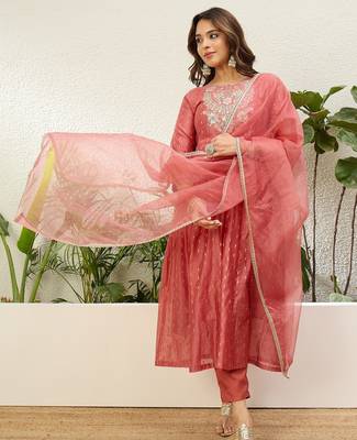 Peach color jacquard silk fabric designer embroidered ethnic readymade suit for girls 4