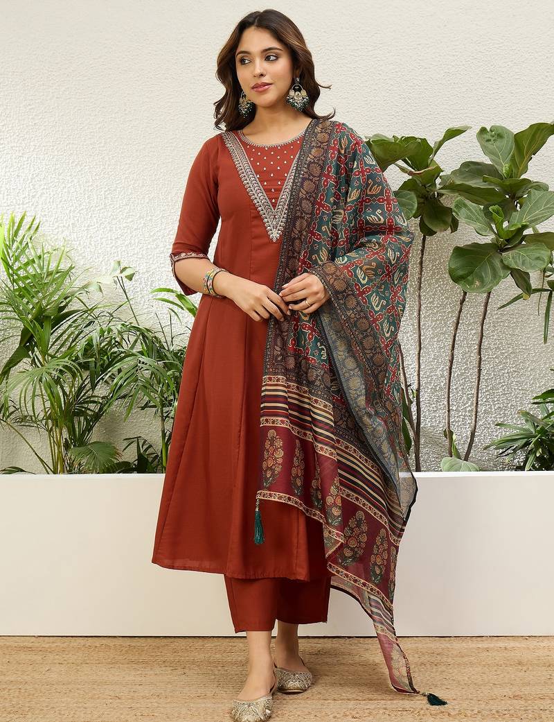 Rust jio cotton embroidered ethnic readymade suit 